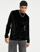 Asos Design Long Sleeve T-shirt In Black Velour