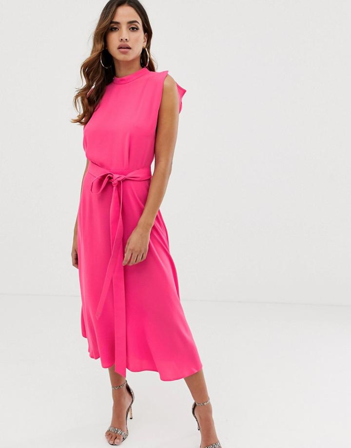 Asos Design Split Cap Sleeve High Neck Midi Dress With Skater Skirt-pink