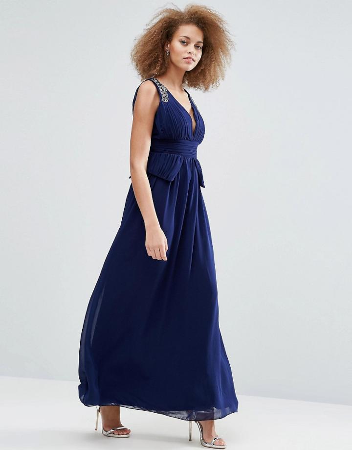 Little Mistress Plunge Peplum Maxi Dress With Embellished Shoulders -