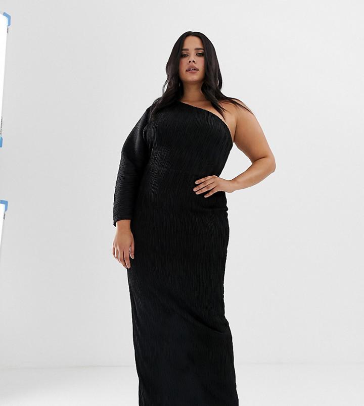 Asos Design Curve One Sleeve Rib Maxi Dress - Black