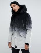Sixth June Parka Coat In Faded Black And White With Faux Fur Hood - Black