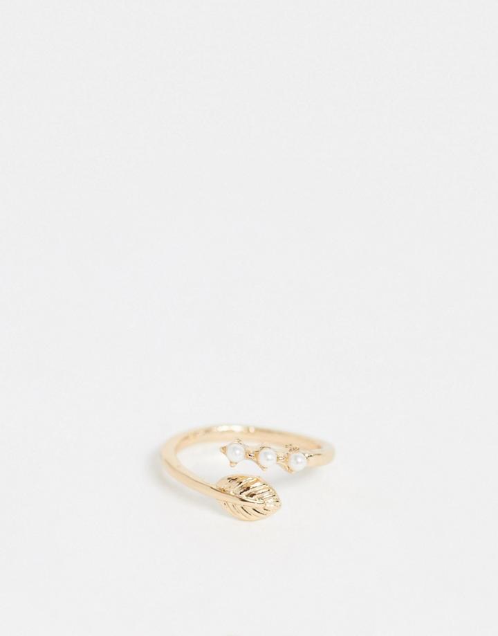 Asos Design Pinky Ring With Leaf And Pearl Detail In Gold Tone