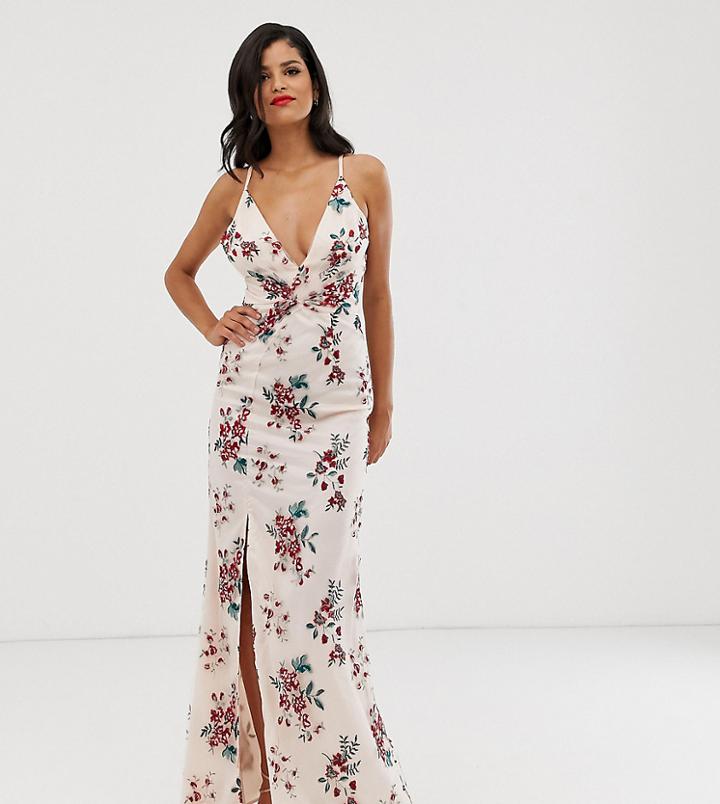 Chi Chi London Tall Embroidered Maxi Dress With Split - Multi