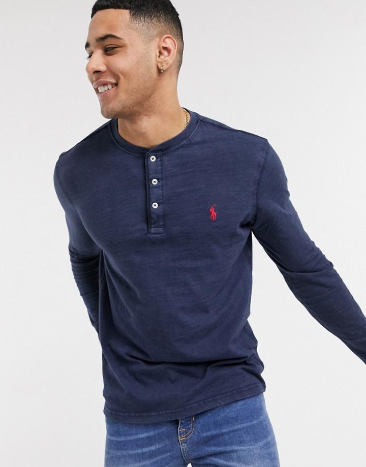 Polo Ralph Lauren Player Logo Slub Long Sleeve Henley Top In Navy