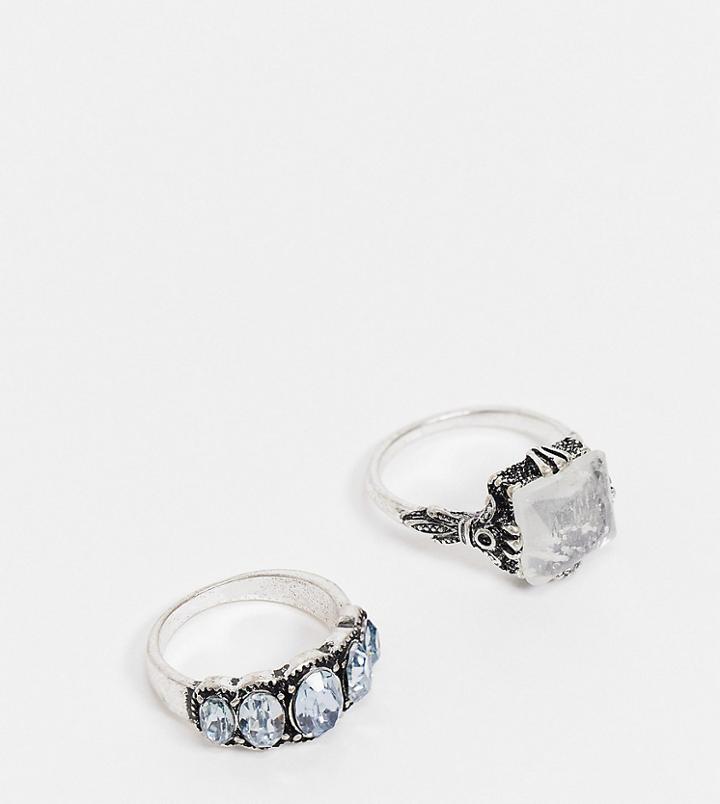 Reclaimed Vintage Inspired Two Pack Of Rings In Burnished Silver With Stones