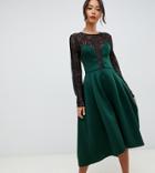 Asos Design Tall Long Sleeve Lace Top Prom Midi Dress-green