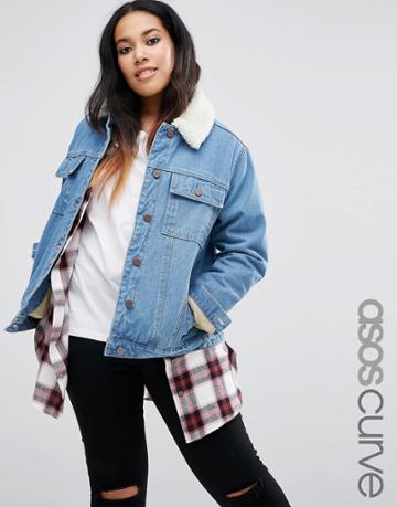 Asos Curve Denim Cropped Jacket With Fleece Lining - Blue