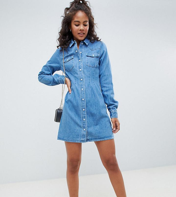 Asos Design Tall Denim Fitted Western Shirt Dress With Seam Detail - Blue