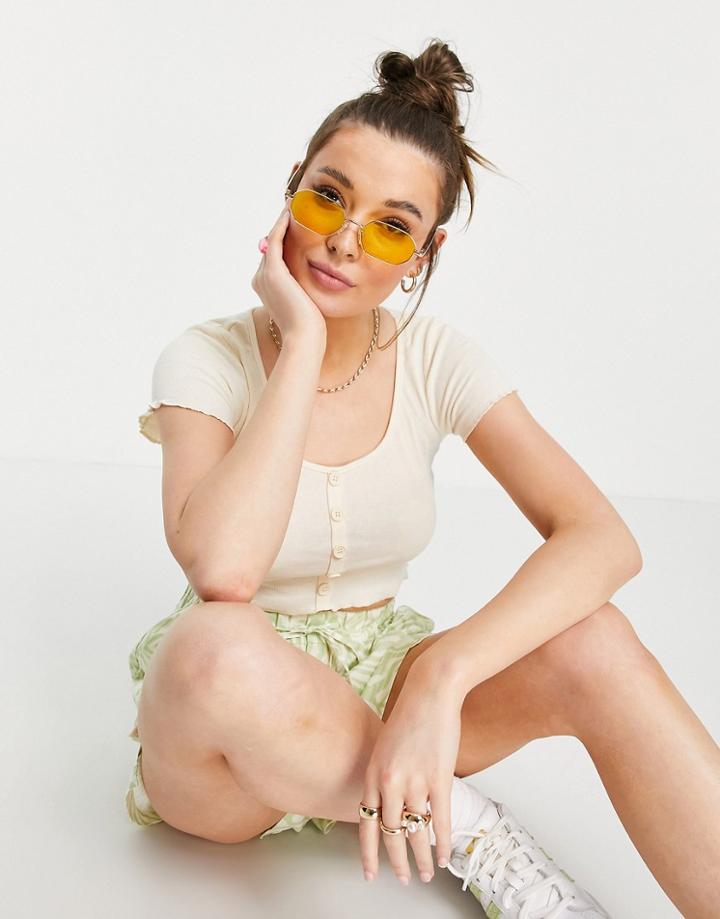 Brave Soul Kelly Button Through Cropped T-shirt In Rib-white