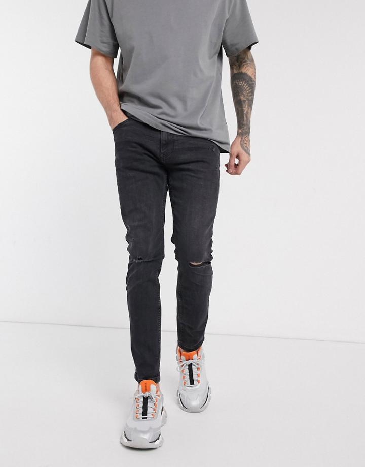 Bershka Skinny Jeans With Knee Rips And Abrasions In Black