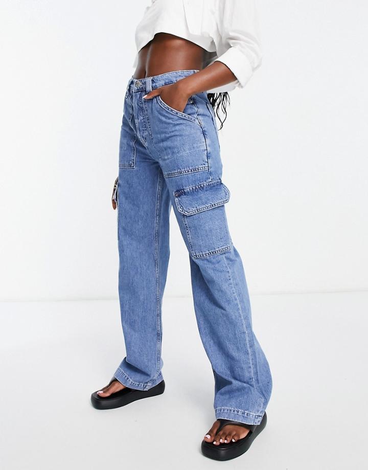 River Island High Rise Straight Cargo Jean In Blue