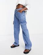 River Island High Rise Straight Cargo Jean In Blue