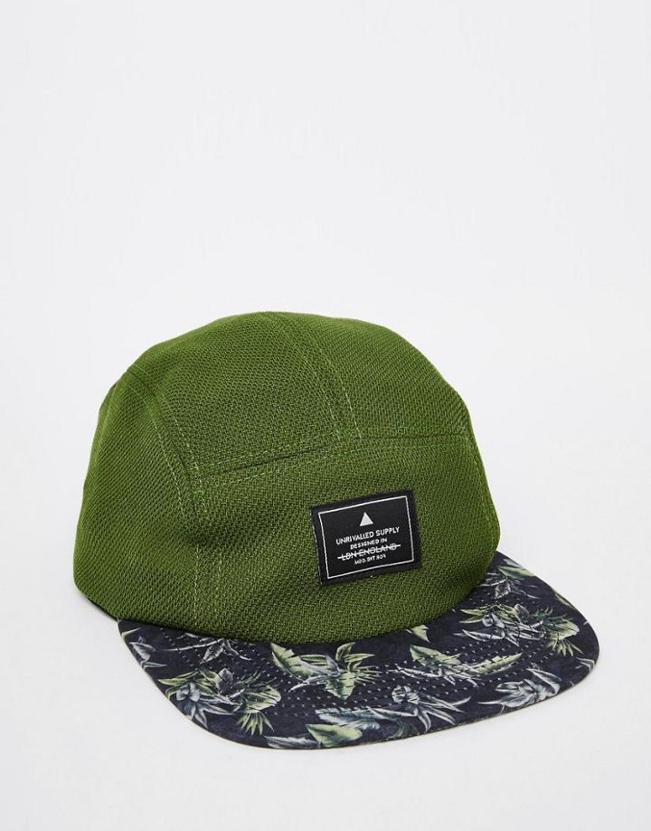 Asos 5 Panel Cap In Khaki Mesh With Jungle Print Peak - Khaki