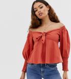 Asos Design Petite Tie Front Top With Shirred Sleeves