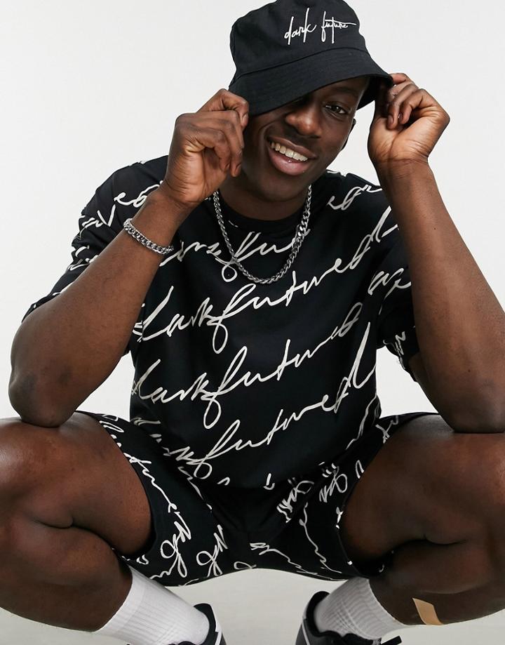 Asos Dark Future Oversized All Over Logo Print T-shirt Set In Black