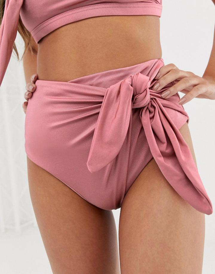 Asos Design Fuller Bust Exclusive High Waist Bikini Bottom With Bow Detail In Shiny Mink-pink