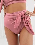 Asos Design Fuller Bust Exclusive High Waist Bikini Bottom With Bow Detail In Shiny Mink-pink