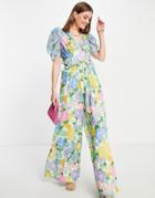 Asos Design Big Sleeve Open Back Ruffle Jumpsuit In Mixed Floral-multi