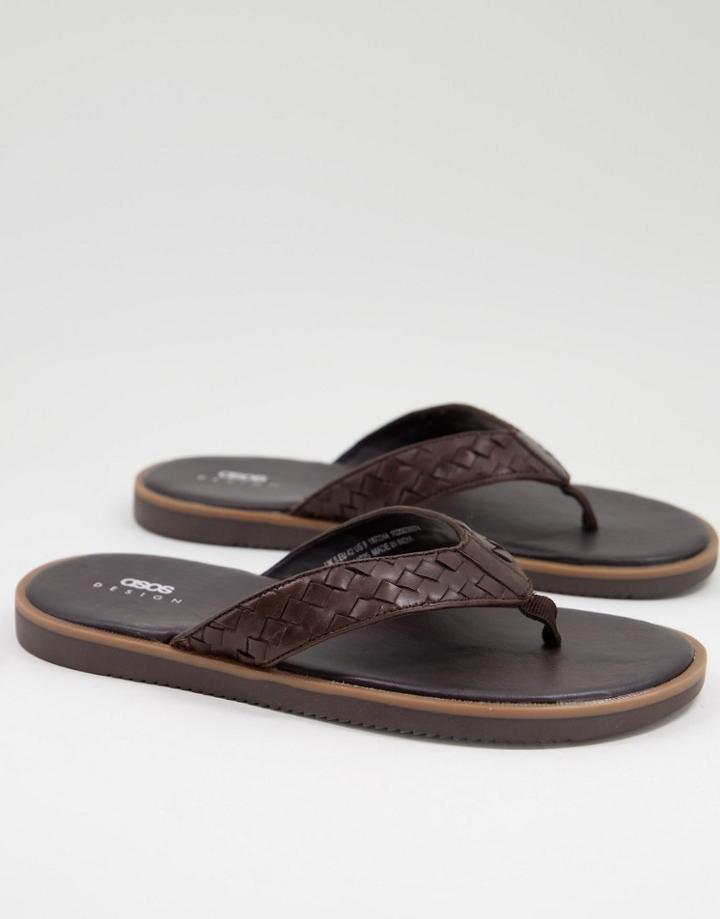 Asos Design Flip Flop With Woven Leather Strap In Brown