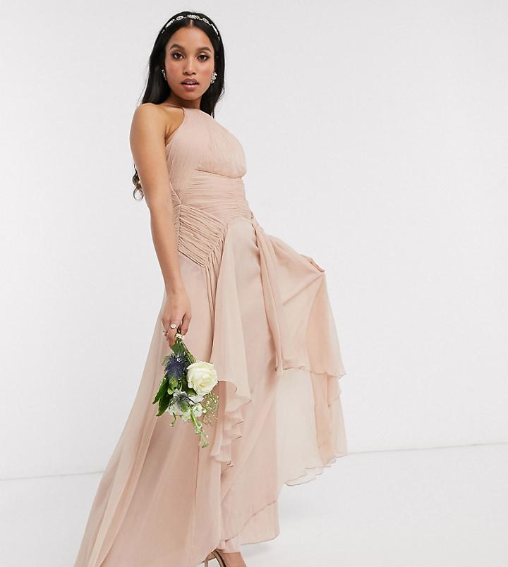 Asos Design Petite Bridesmaid Pinny Maxi Dress With Ruched Bodice And Layered Skirt Detail-pink