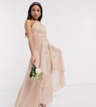 Asos Design Petite Bridesmaid Pinny Maxi Dress With Ruched Bodice And Layered Skirt Detail-pink