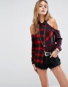 Kiss The Sky Cold Shoulder Check Shirt - Red