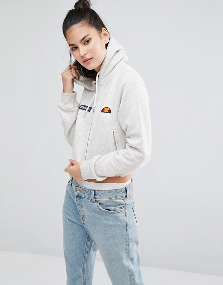 Ellesse Crop Zip Hoodie With Woven Logo Badges & Raw Hem - Oatmeal Marl