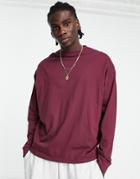 Asos Design Long Sleeve Oversized T-shirt In Burgundy-red