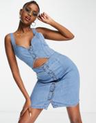 Rebellious Fashion Cut Out Button Front Denim Mini Dress In Mid Blue