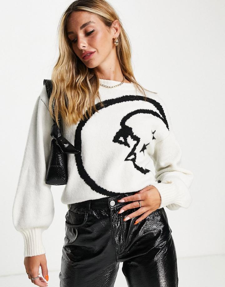 Neon Rose Oversized Sweater With Balloon Sleeves With Moon Intarsia Knit-neutral