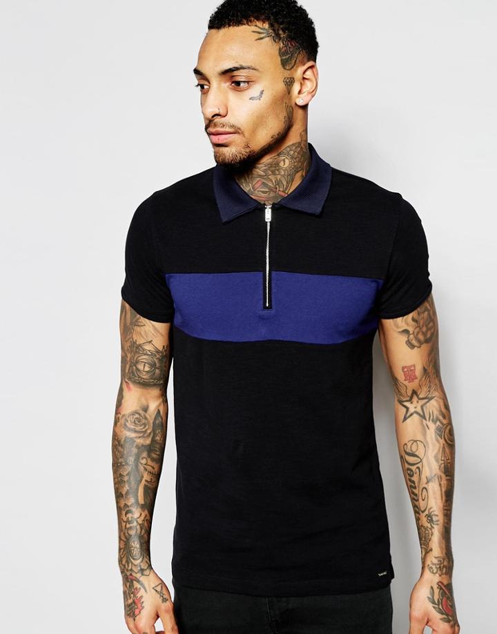 Diesel Polo T-leonardo Slim Fit Pique Chest Panel And Contrast Collar In Black - Black
