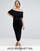 Asos Maternity Tall Midi Bardot Pencil Dress With Ruffle - Black
