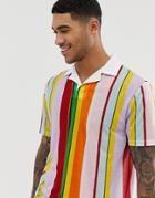 Asos Design Organic Cotton Relaxed Polo With Revere Collar With Rainbow Vertical Stripe - Multi