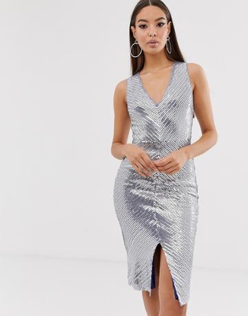 The Girlcode Chevron Panel Midi Dress In Silver - Silver