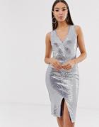 The Girlcode Chevron Panel Midi Dress In Silver - Silver