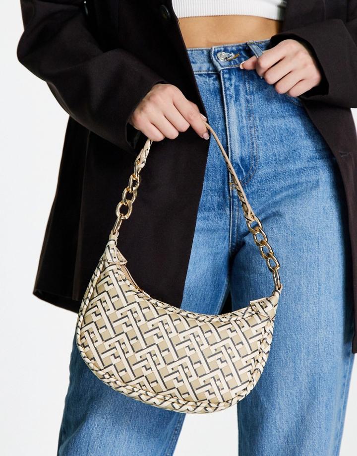 Asos Design Shoulder Bag With Hardware Detail In Monogram-brown