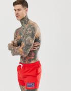 Asos Design Retro Swim Shorts In Red With Collegiate Logo In Short Length - Red