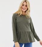 Asos Design Tall Smock Top With Long Sleeve In Wash - Green