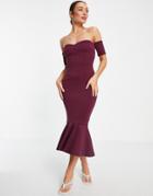 True Violet Bardot Fishtail Midi Dress In Plum-purple