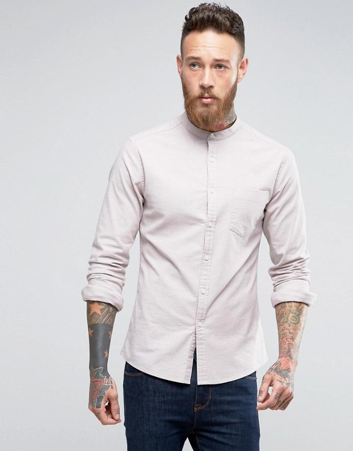 Asos Casual Skinny Oxford Shirt With Grandad Neck - Pink