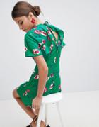 Prettylittlething Floral Tie Back Skater Dress - Green