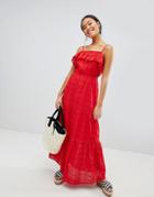 Asos Design Broderie Tiered Cami Maxi Dress - Red