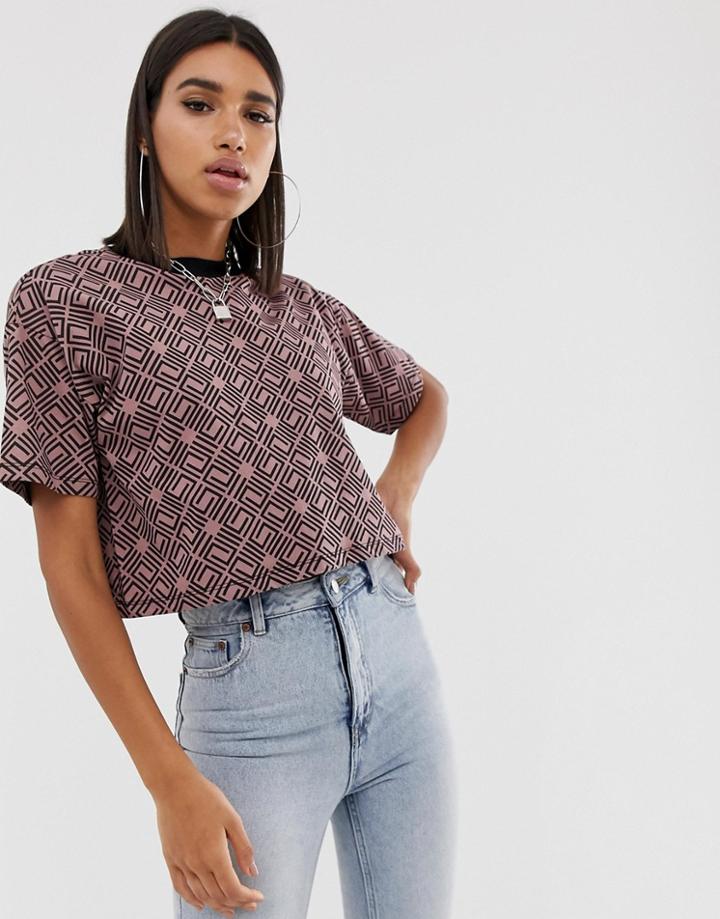 Asos Design T-shirt In Monogram With Contrast Neck - Multi