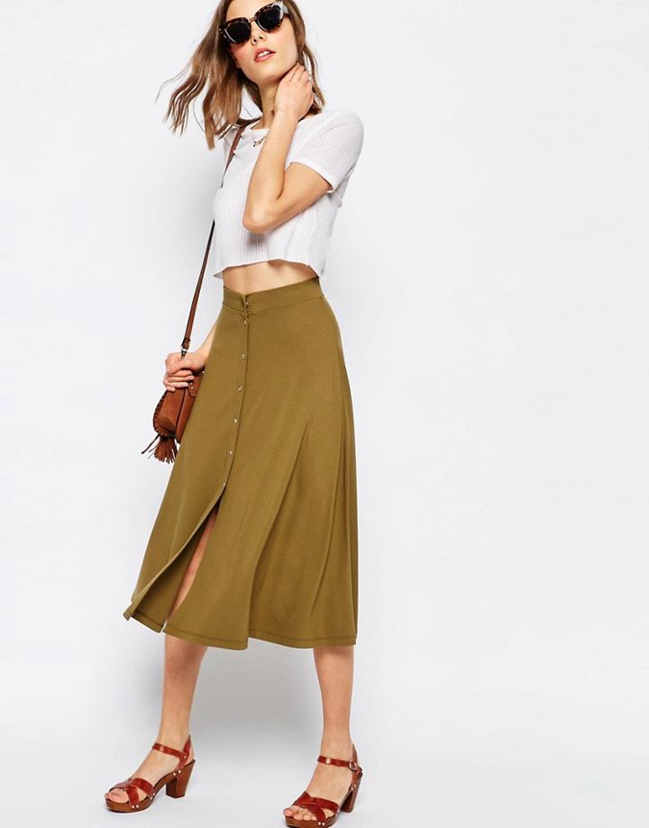Asos Midi Skater Skirt With Poppers - Green