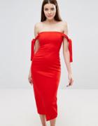 Lavish Alice Bardot Midi Dress With Tie Sleeve Detail - Red