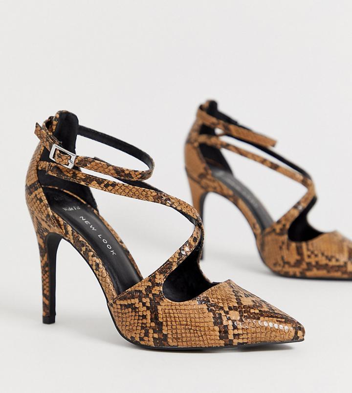 New Look Wide Fit Strappy Heel In Snake - Brown