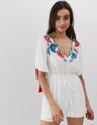 Asos Design Romper With Embroidery And Tie Sleeve Detail-white