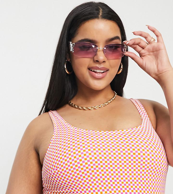 Pieces Curve Scoop Neck Bikini Top In Pink Checkerboard-multi