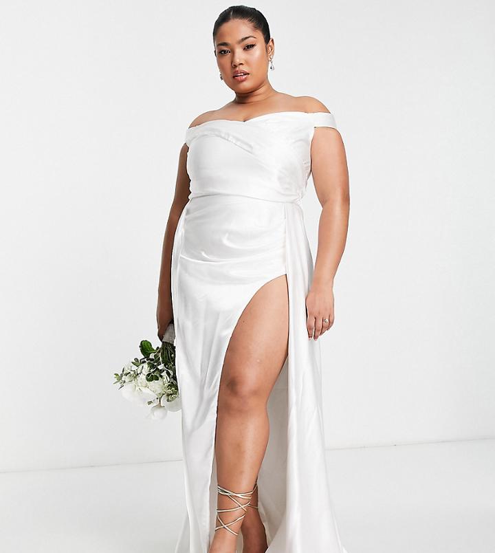 Yaura Plus Bridal Bardot Drape Maxi Dress In Ivory-white