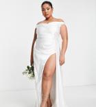 Yaura Plus Bridal Bardot Drape Maxi Dress In Ivory-white